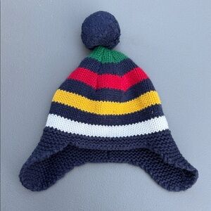 6/12m Hudson Bay Stripes Kids knit Pom-Pom Hat with Ear Flaps
